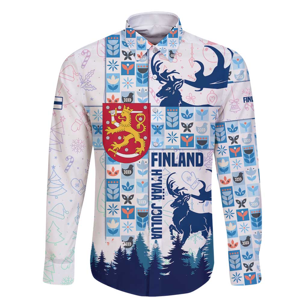 Finland Christmas Family Matching Off Shoulder Short Dress and Hawaiian Shirt with Reindeer Forest Crest and Nordic Pattern Design - Wonder Print Shop