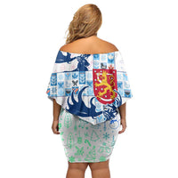 Finland Christmas Family Matching Off Shoulder Short Dress and Hawaiian Shirt with Reindeer Forest Crest and Nordic Pattern Design - Wonder Print Shop