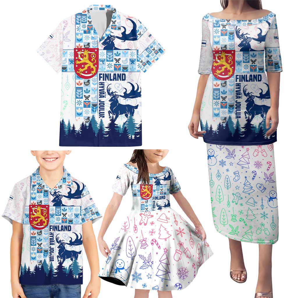 Finland Christmas Family Matching Puletasi and Hawaiian Shirt with Reindeer Forest Crest and Nordic Pattern Design - Wonder Print Shop
