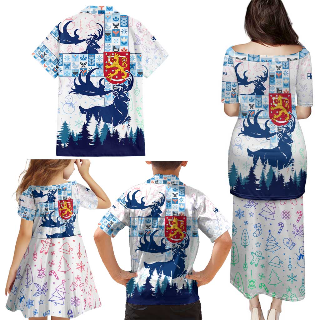 Finland Christmas Family Matching Puletasi and Hawaiian Shirt with Reindeer Forest Crest and Nordic Pattern Design - Wonder Print Shop