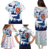 Finland Christmas Family Matching Puletasi and Hawaiian Shirt with Reindeer Forest Crest and Nordic Pattern Design - Wonder Print Shop