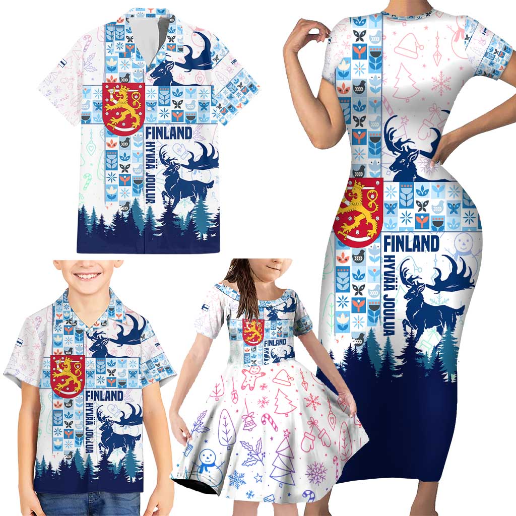 Finland Christmas Family Matching Short Sleeve Bodycon Dress and Hawaiian Shirt with Reindeer Forest Crest and Nordic Pattern Design - Wonder Print Shop