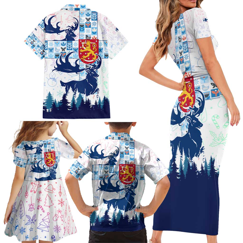 Finland Christmas Family Matching Short Sleeve Bodycon Dress and Hawaiian Shirt with Reindeer Forest Crest and Nordic Pattern Design - Wonder Print Shop