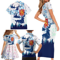 Finland Christmas Family Matching Short Sleeve Bodycon Dress and Hawaiian Shirt with Reindeer Forest Crest and Nordic Pattern Design - Wonder Print Shop