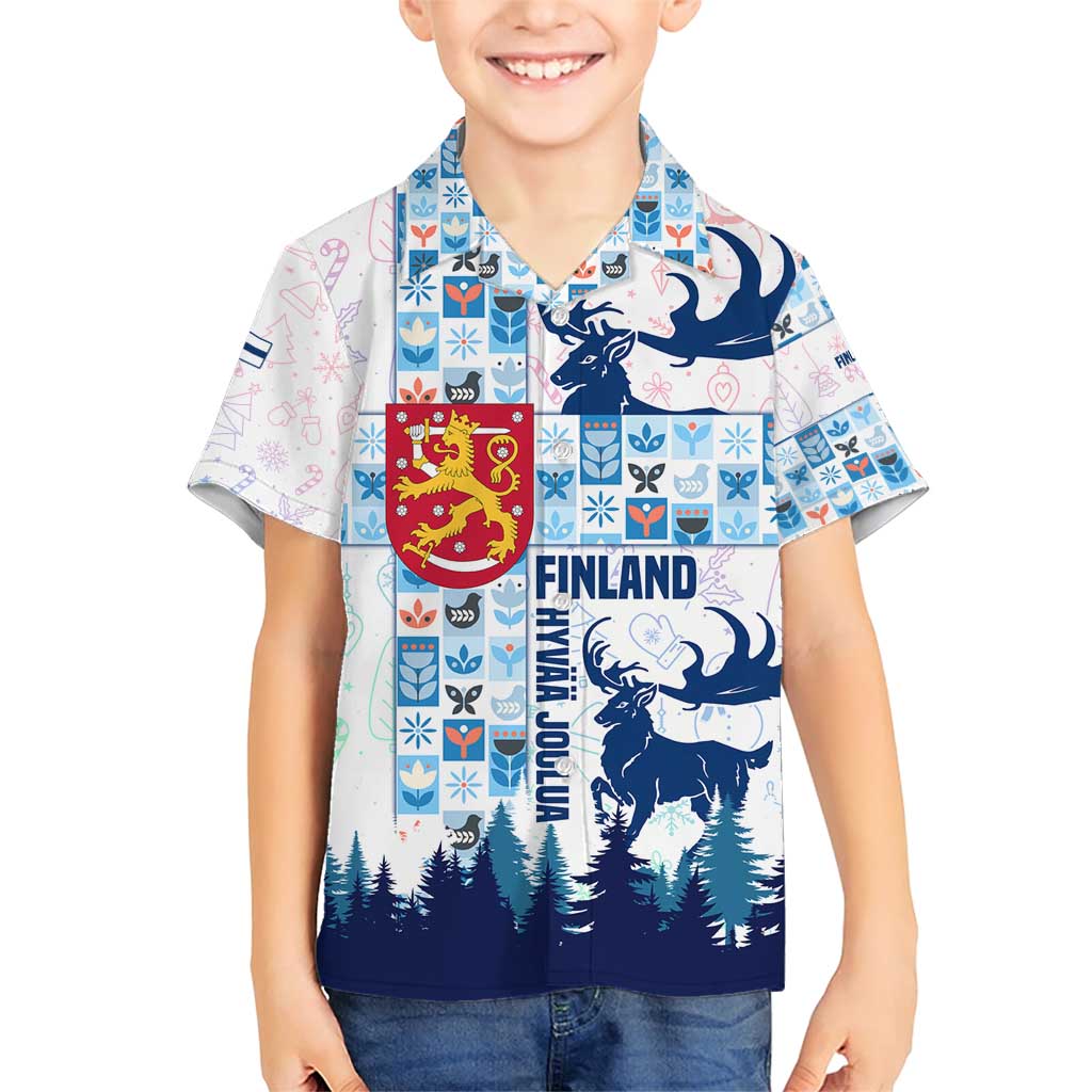 Finland Christmas Family Matching Short Sleeve Bodycon Dress and Hawaiian Shirt with Reindeer Forest Crest and Nordic Pattern Design - Wonder Print Shop