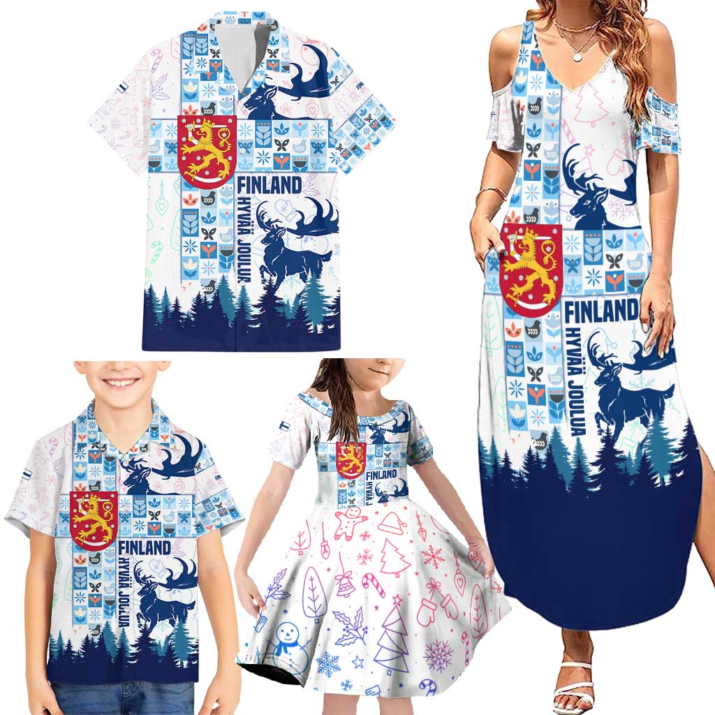 Finland Christmas Family Matching Summer Maxi Dress and Hawaiian Shirt with Reindeer Forest Crest and Nordic Pattern Design - Wonder Print Shop