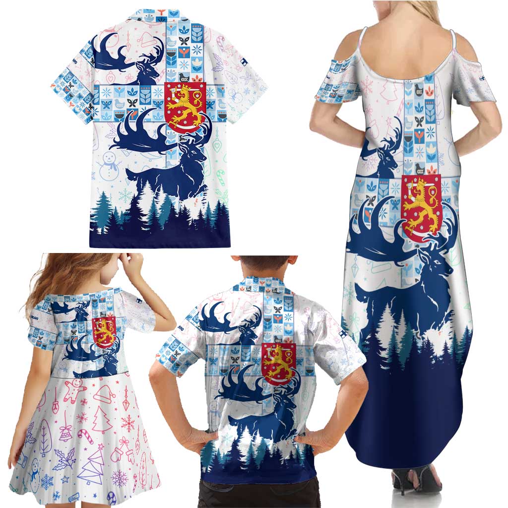 Finland Christmas Family Matching Summer Maxi Dress and Hawaiian Shirt with Reindeer Forest Crest and Nordic Pattern Design - Wonder Print Shop