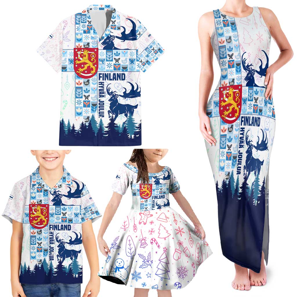 Finland Christmas Family Matching Tank Maxi Dress and Hawaiian Shirt with Reindeer Forest Crest and Nordic Pattern Design - Wonder Print Shop