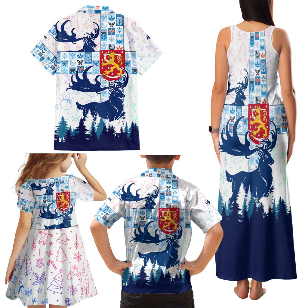Finland Christmas Family Matching Tank Maxi Dress and Hawaiian Shirt with Reindeer Forest Crest and Nordic Pattern Design - Wonder Print Shop