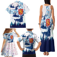 Finland Christmas Family Matching Tank Maxi Dress and Hawaiian Shirt with Reindeer Forest Crest and Nordic Pattern Design - Wonder Print Shop
