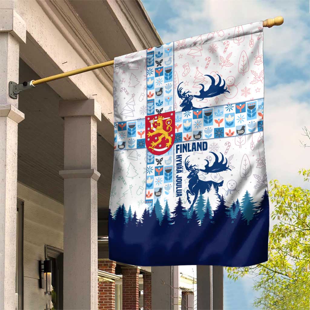 Finland Christmas Garden Flag with Reindeer Forest Crest and Nordic Pattern Design - Wonder Print Shop