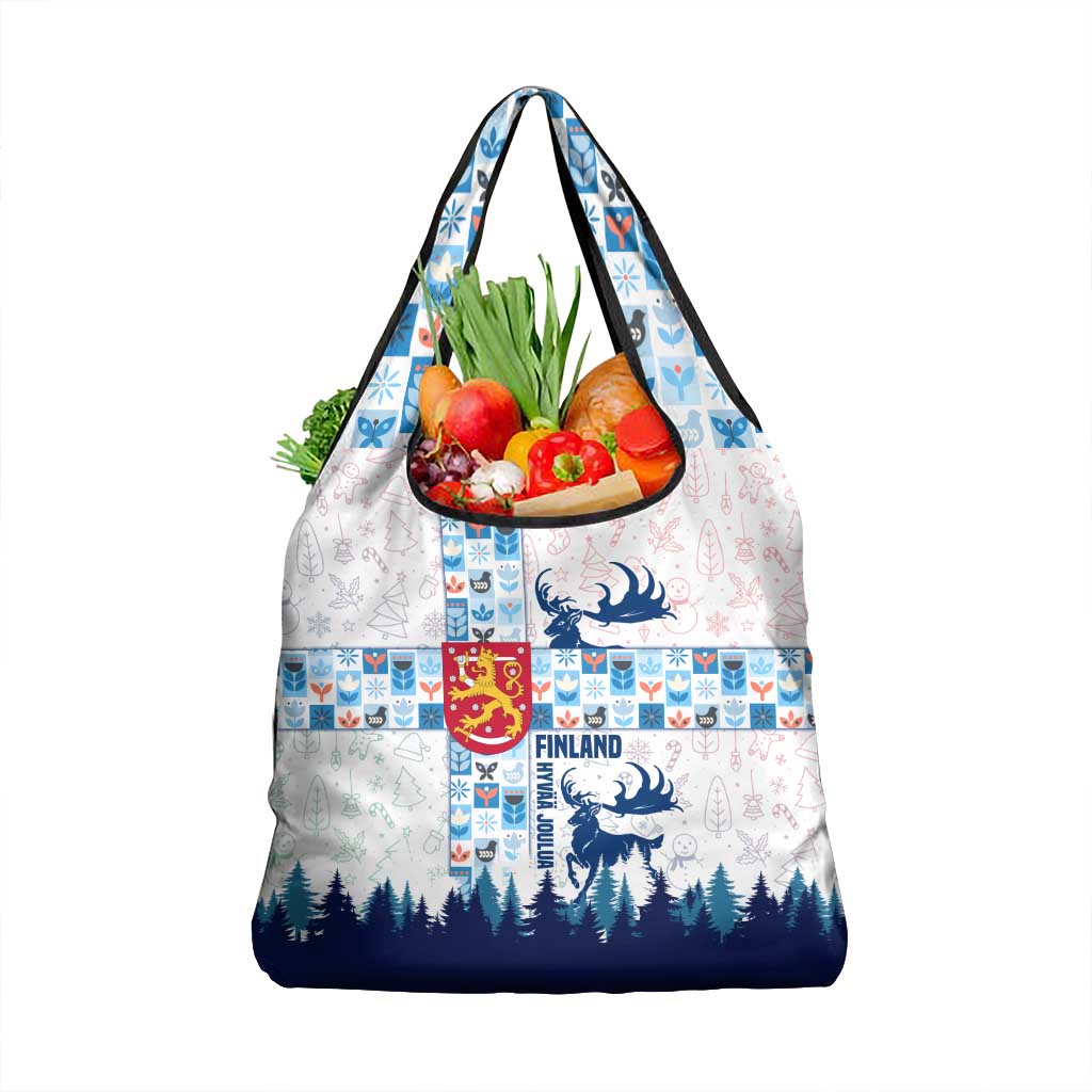 Finland Christmas Grocery Bag with Reindeer Forest Crest and Nordic Pattern Design - Wonder Print Shop