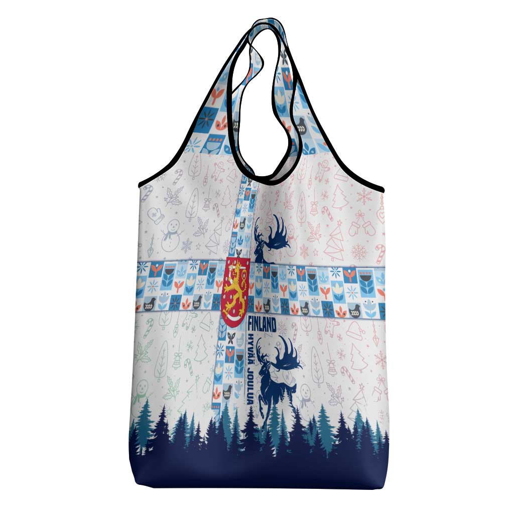 Finland Christmas Grocery Bag with Reindeer Forest Crest and Nordic Pattern Design - Wonder Print Shop