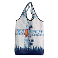 Finland Christmas Grocery Bag with Reindeer Forest Crest and Nordic Pattern Design - Wonder Print Shop