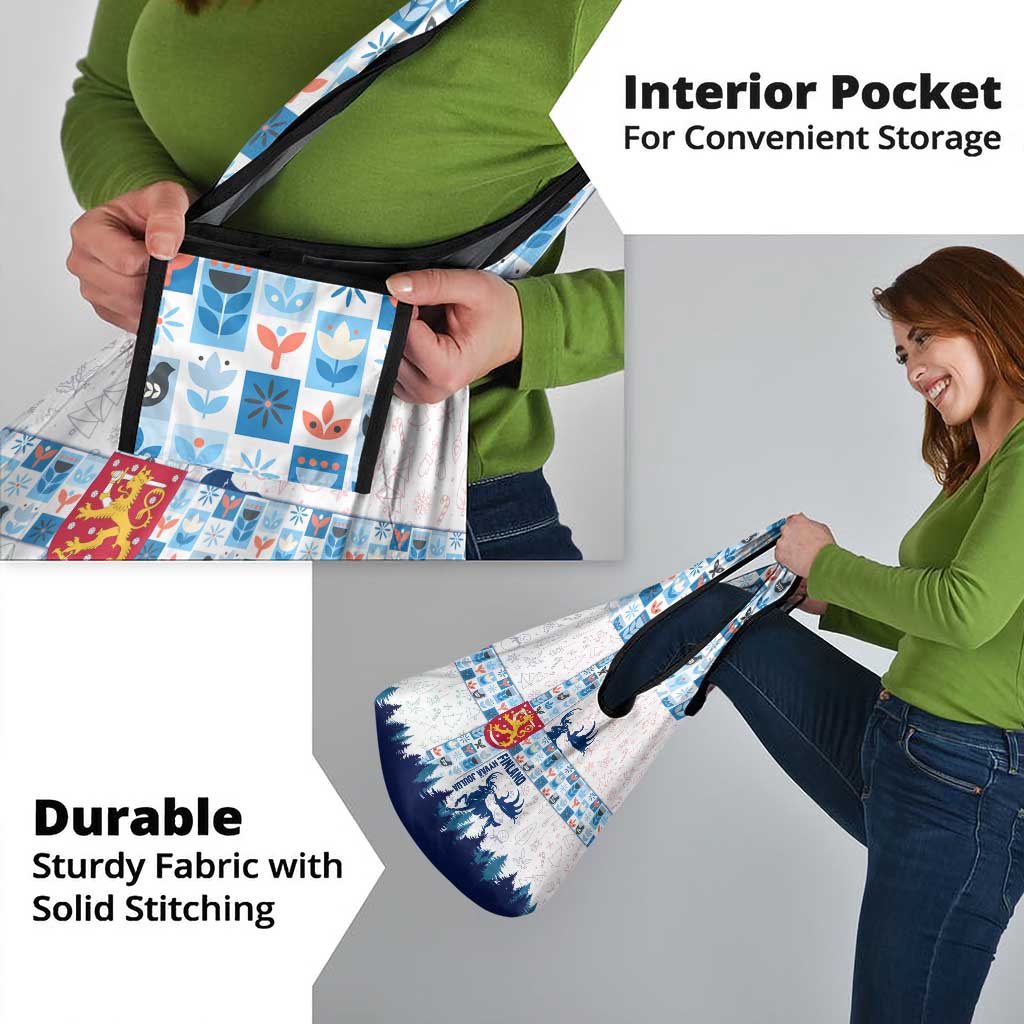 Finland Christmas Grocery Bag with Reindeer Forest Crest and Nordic Pattern Design - Wonder Print Shop