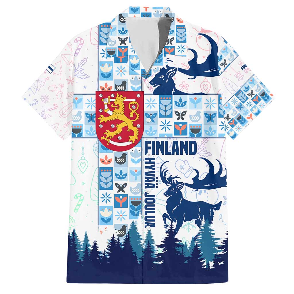 Finland Christmas Hawaiian Shirt with Reindeer Forest Crest and Nordic Pattern Design - Wonder Print Shop