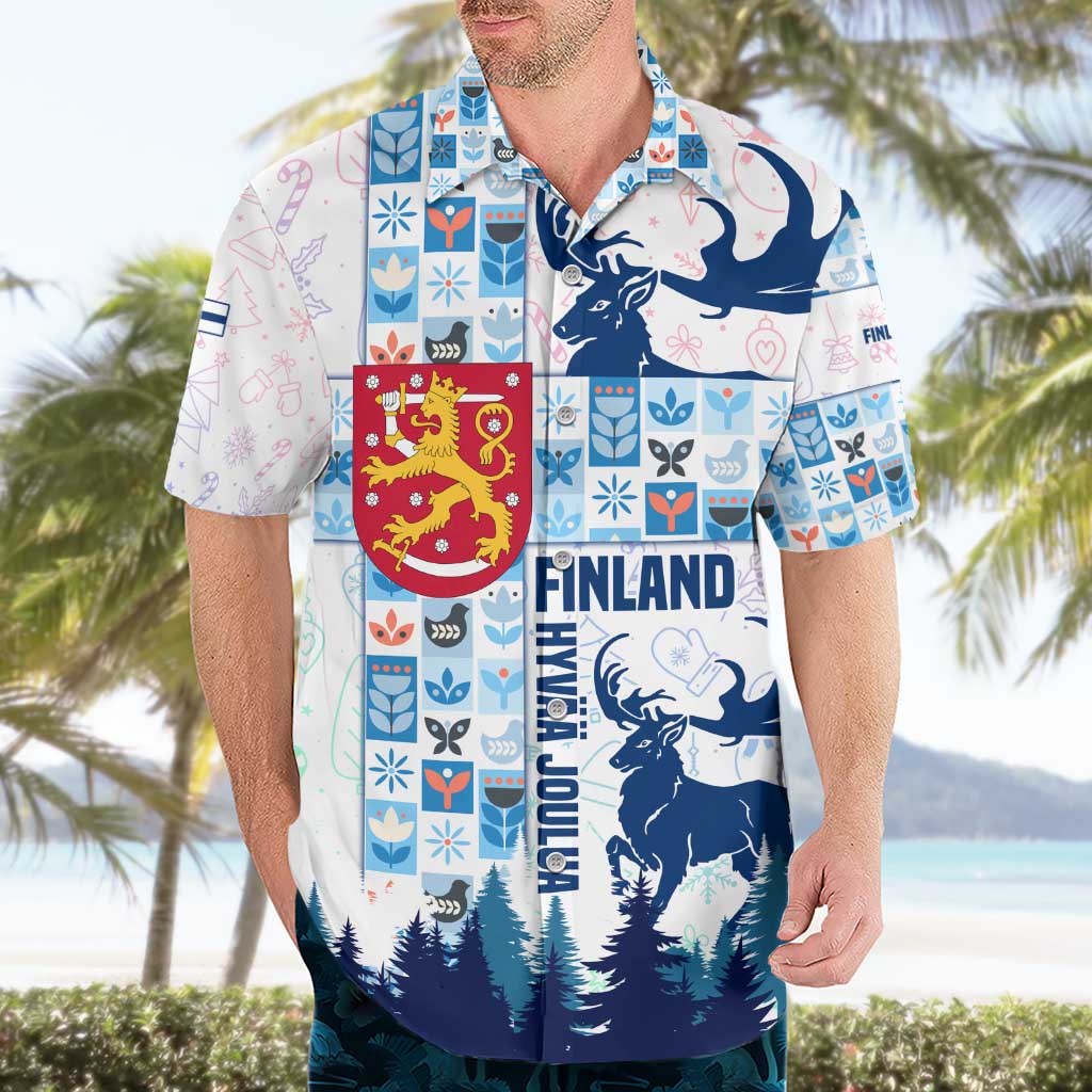 Finland Christmas Hawaiian Shirt with Reindeer Forest Crest and Nordic Pattern Design - Wonder Print Shop