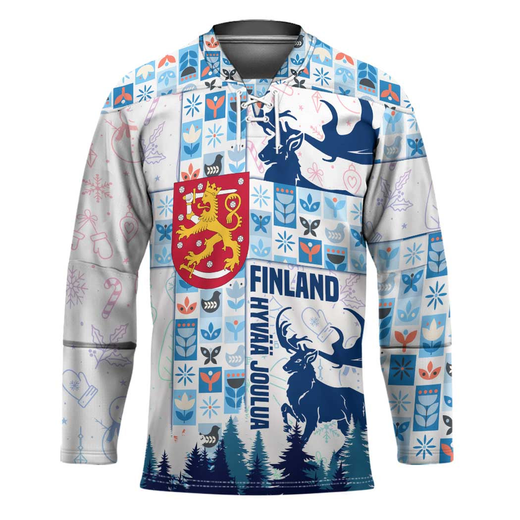 Finland Christmas Hockey Jersey with Reindeer Forest Crest and Nordic Pattern Design - Wonder Print Shop