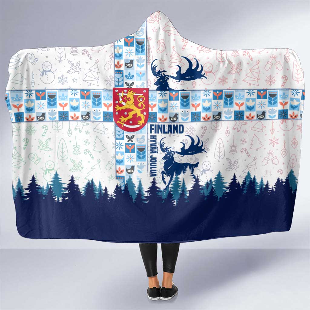 Finland Christmas Hooded Blanket with Reindeer Forest Crest and Nordic Pattern Design - Wonder Print Shop