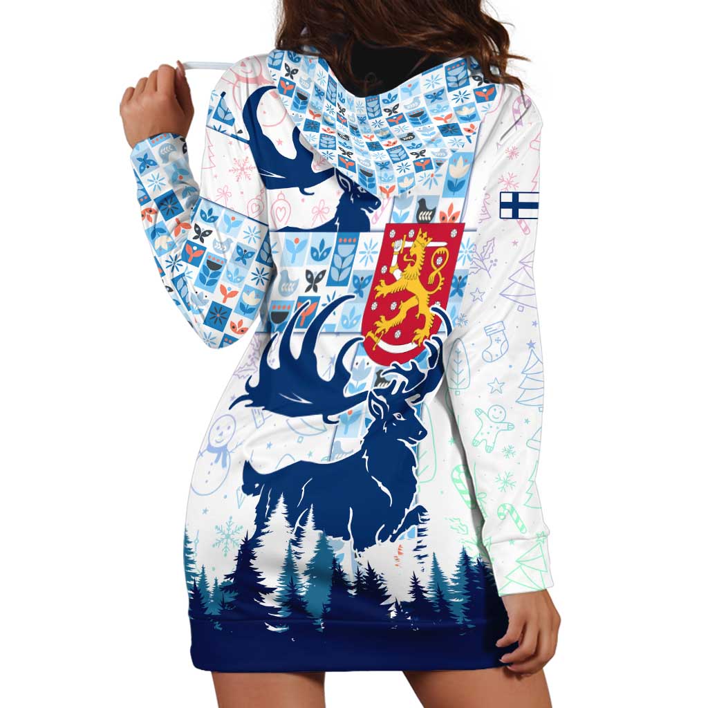 Finland Christmas Hoodie Dress with Reindeer Forest Crest and Nordic Pattern Design - Wonder Print Shop