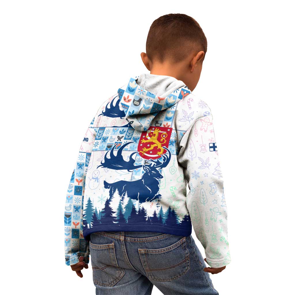 Finland Christmas Kid Hoodie with Reindeer Forest Crest and Nordic Pattern Design - Wonder Print Shop