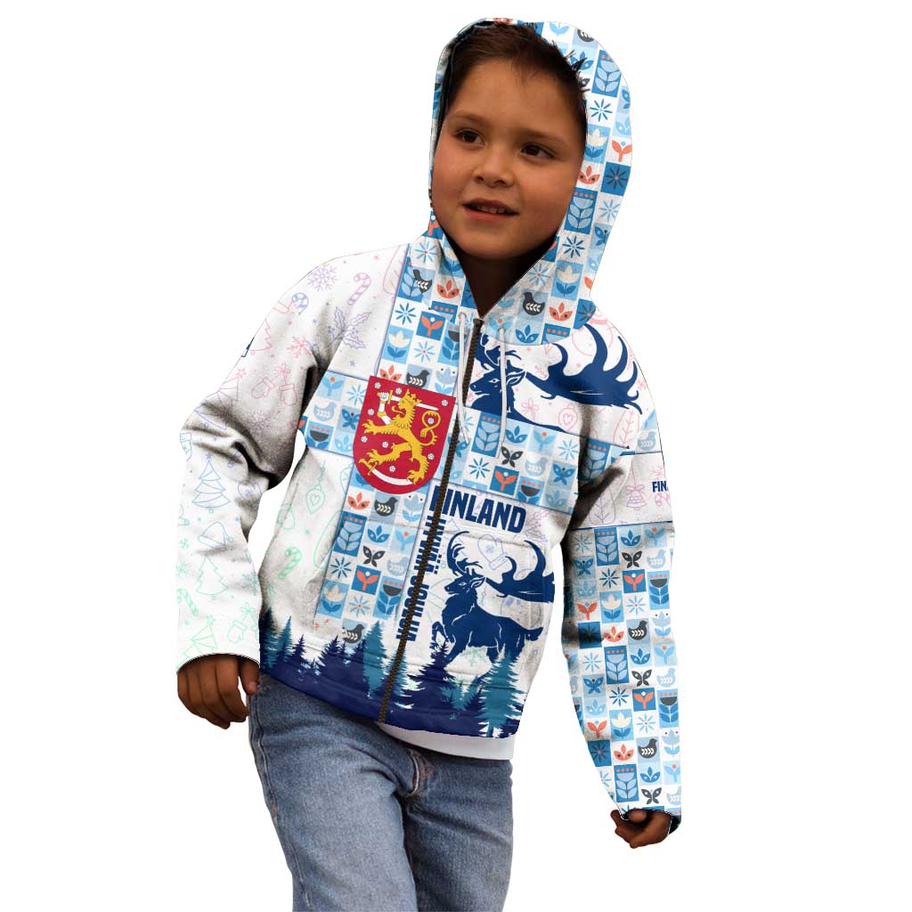 Finland Christmas Kid Hoodie with Reindeer Forest Crest and Nordic Pattern Design - Wonder Print Shop