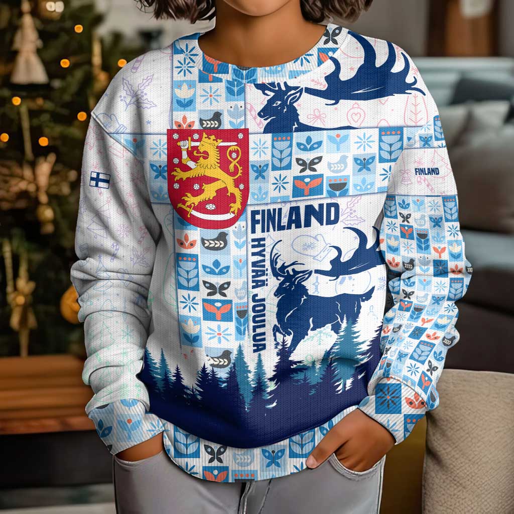 Finland Christmas Kid Ugly Christmas Sweater with Reindeer Forest Crest and Nordic Pattern Design - Wonder Print Shop