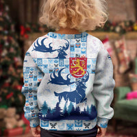 Finland Christmas Kid Ugly Christmas Sweater with Reindeer Forest Crest and Nordic Pattern Design - Wonder Print Shop