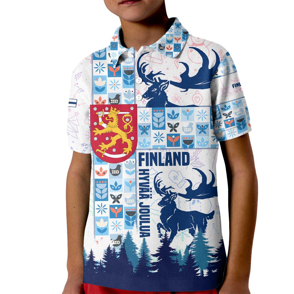 Finland Christmas Kid Polo Shirt with Reindeer Forest Crest and Nordic Pattern Design - Wonder Print Shop