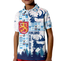 Finland Christmas Kid Polo Shirt with Reindeer Forest Crest and Nordic Pattern Design - Wonder Print Shop