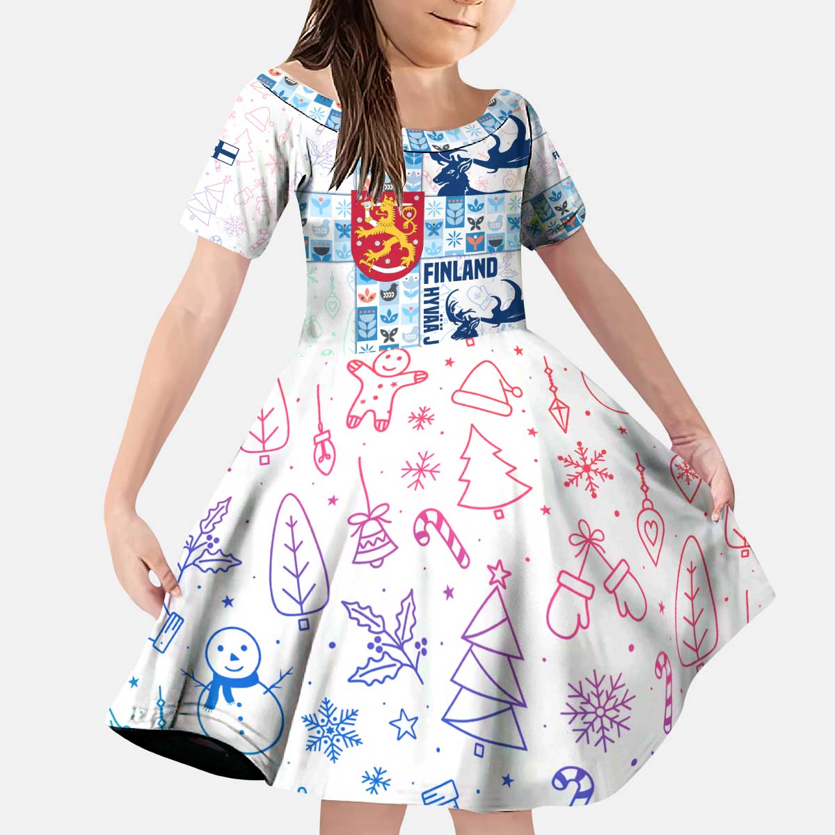 Finland Christmas Kid Short Sleeve Dress with Reindeer Forest Crest and Nordic Pattern Design - Wonder Print Shop