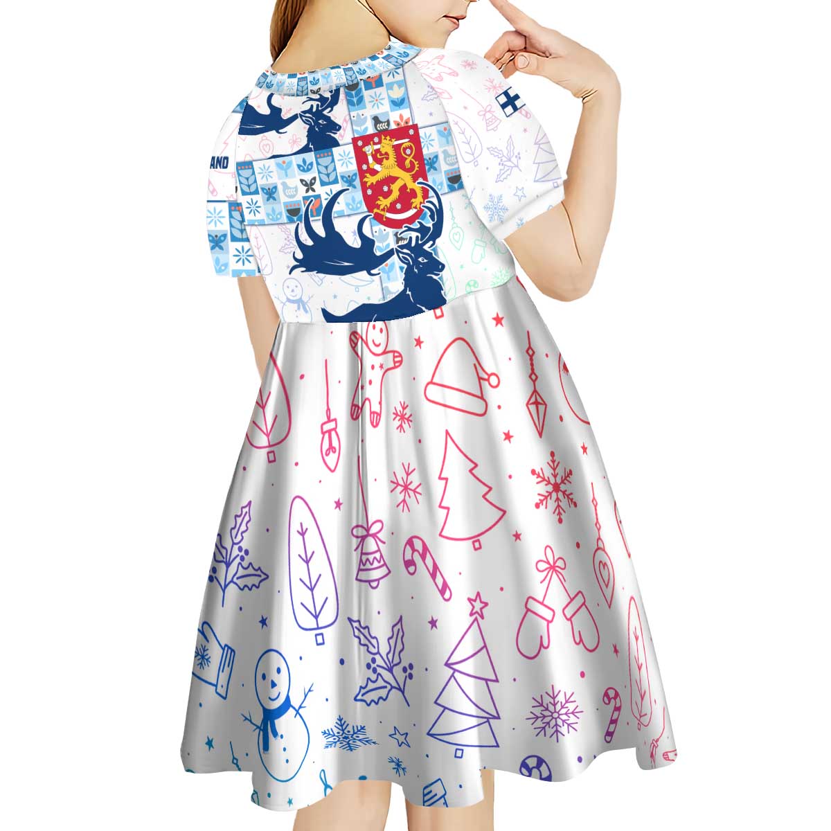 Finland Christmas Kid Short Sleeve Dress with Reindeer Forest Crest and Nordic Pattern Design - Wonder Print Shop