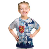 Finland Christmas Kid T Shirt with Reindeer Forest Crest and Nordic Pattern Design - Wonder Print Shop