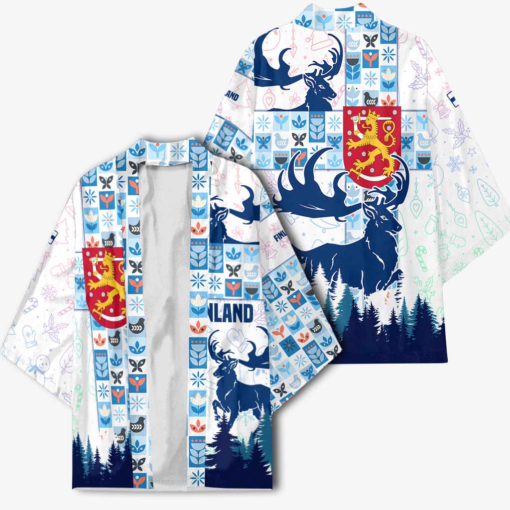 Finland Christmas Kimono with Reindeer Forest Crest and Nordic Pattern Design - Wonder Print Shop