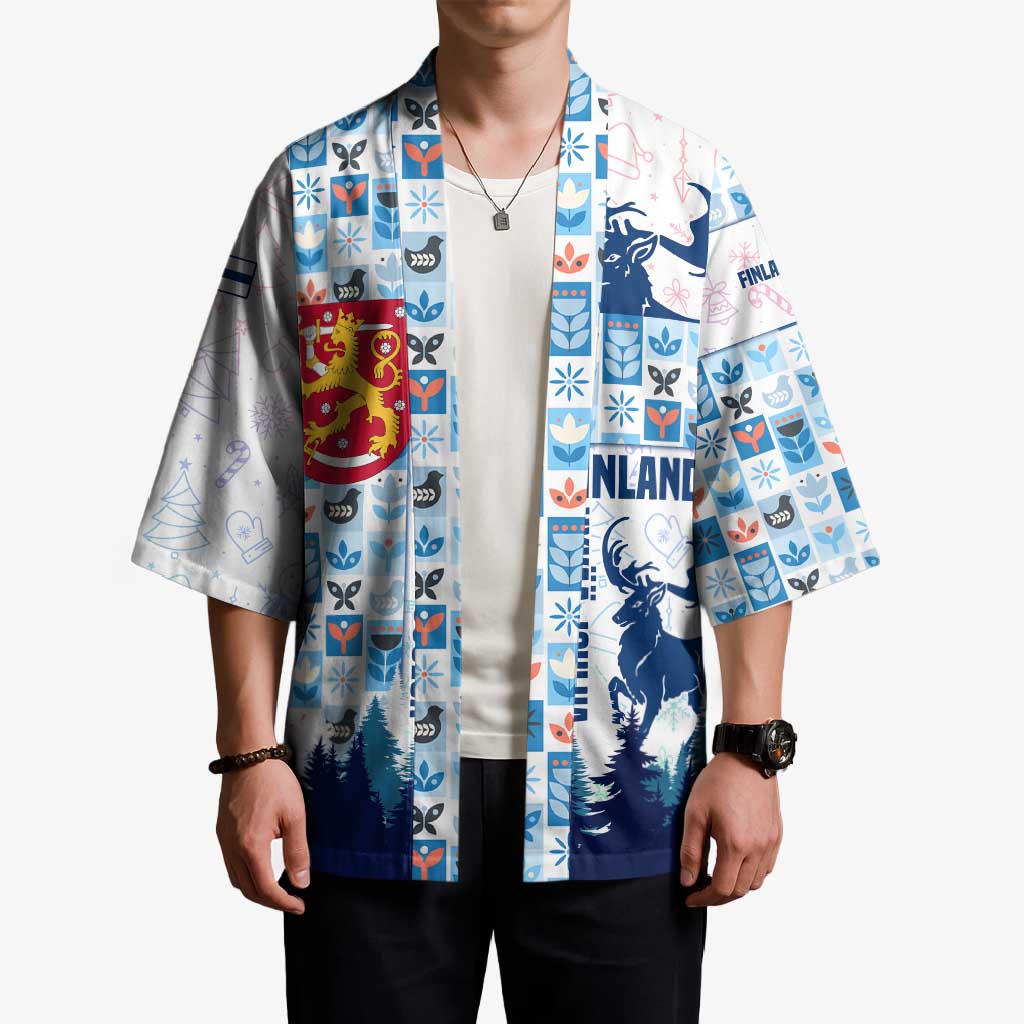 Finland Christmas Kimono with Reindeer Forest Crest and Nordic Pattern Design - Wonder Print Shop