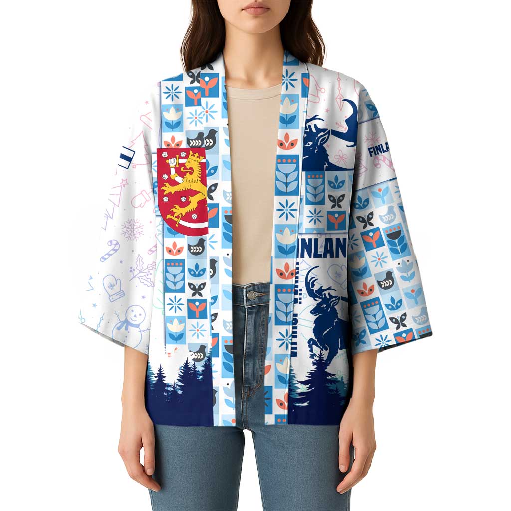 Finland Christmas Kimono with Reindeer Forest Crest and Nordic Pattern Design - Wonder Print Shop