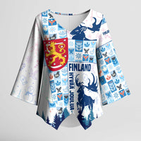Finland Christmas Kimono Sleeve Blouse with Reindeer Forest Crest and Nordic Pattern Design - Wonder Print Shop