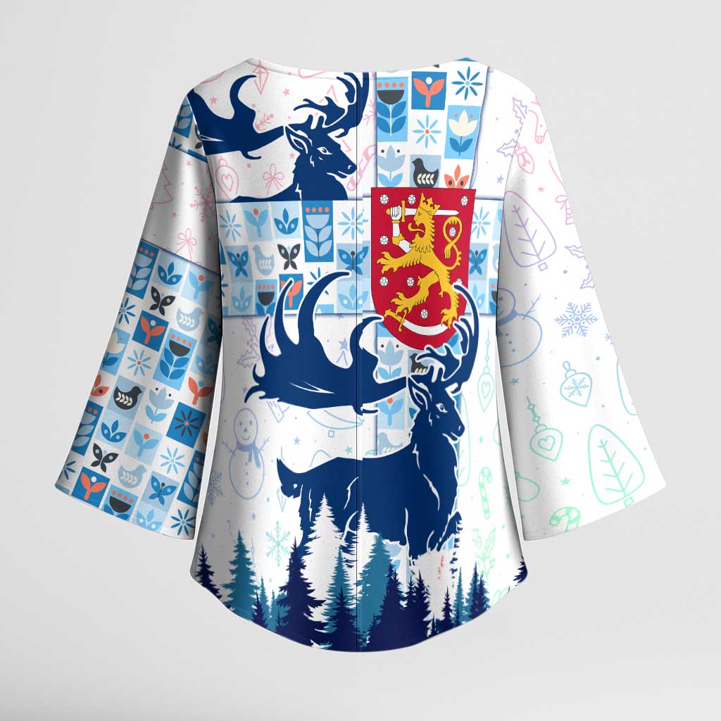 Finland Christmas Kimono Sleeve Blouse with Reindeer Forest Crest and Nordic Pattern Design - Wonder Print Shop