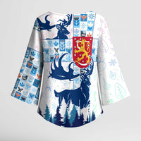 Finland Christmas Kimono Sleeve Blouse with Reindeer Forest Crest and Nordic Pattern Design - Wonder Print Shop
