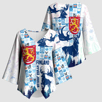 Finland Christmas Kimono Sleeve Blouse with Reindeer Forest Crest and Nordic Pattern Design - Wonder Print Shop