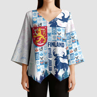 Finland Christmas Kimono Sleeve Blouse with Reindeer Forest Crest and Nordic Pattern Design - Wonder Print Shop