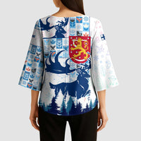 Finland Christmas Kimono Sleeve Blouse with Reindeer Forest Crest and Nordic Pattern Design - Wonder Print Shop