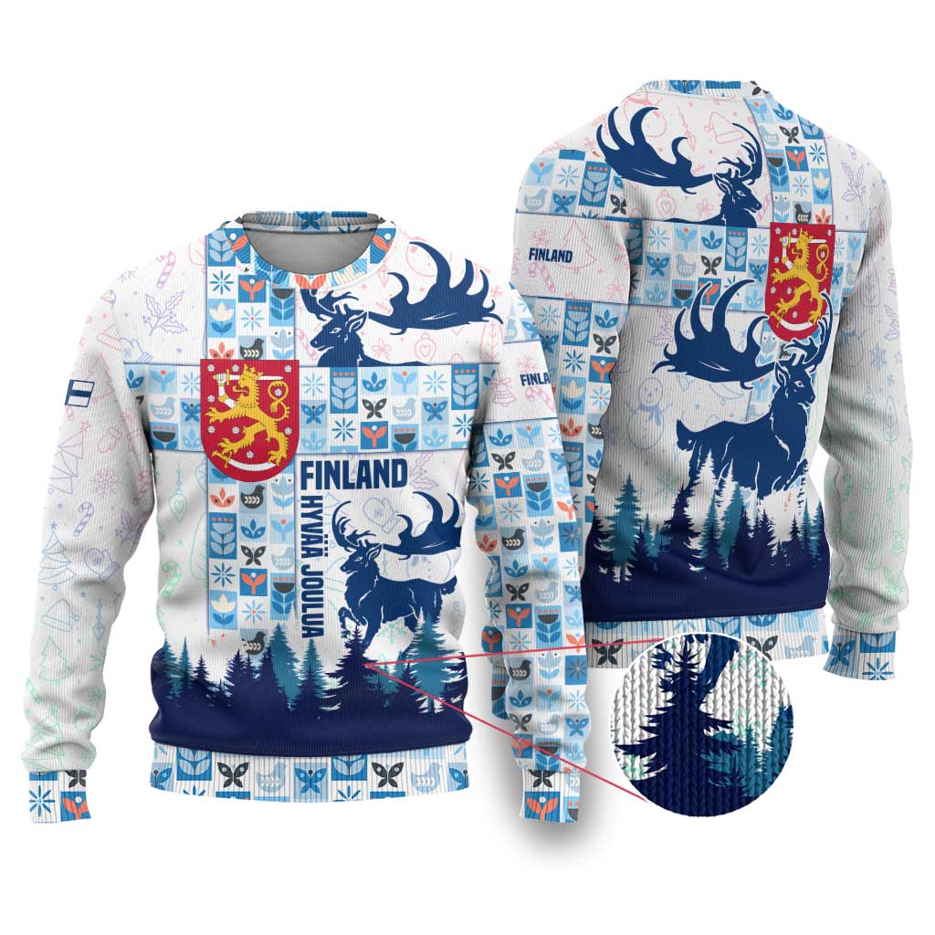 Finland Christmas Ugly Christmas Sweater with Reindeer Forest Crest and Nordic Pattern Design - Wonder Print Shop