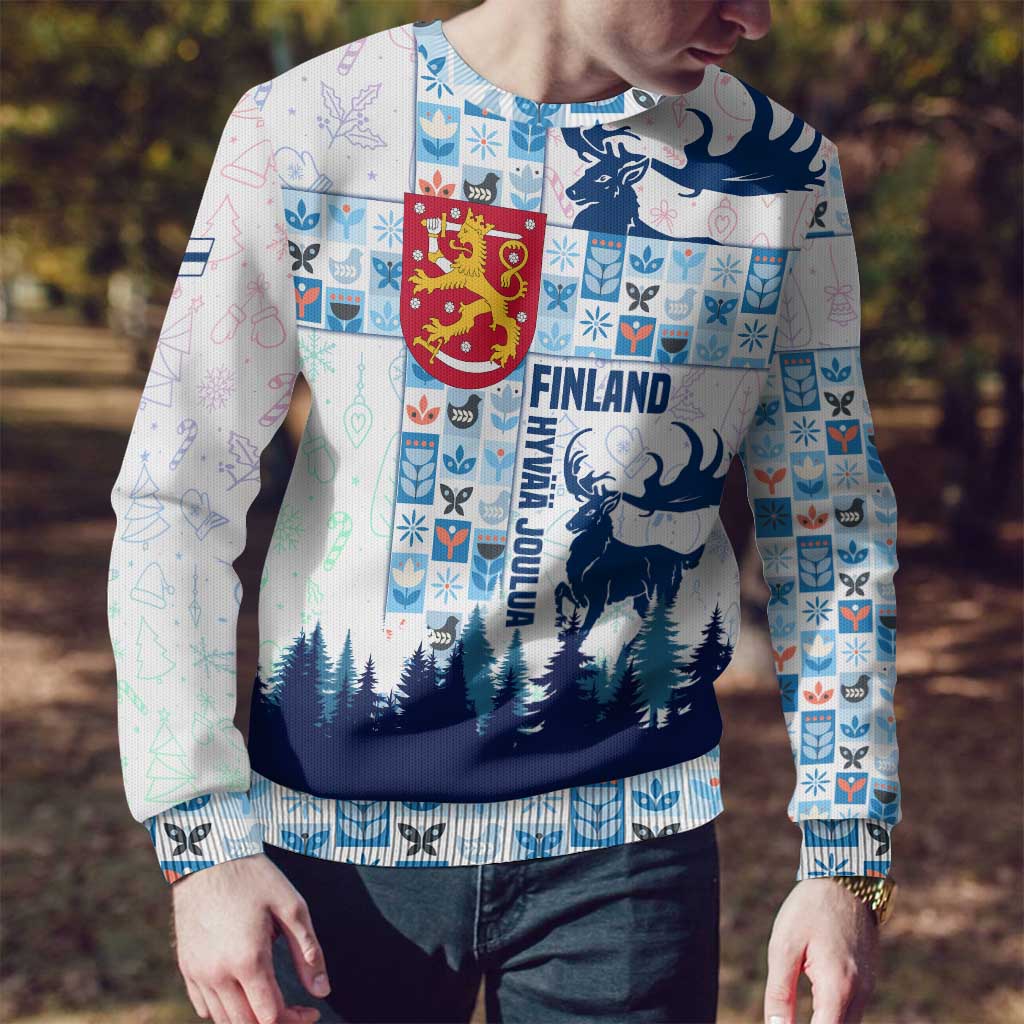 Finland Christmas Ugly Christmas Sweater with Reindeer Forest Crest and Nordic Pattern Design - Wonder Print Shop