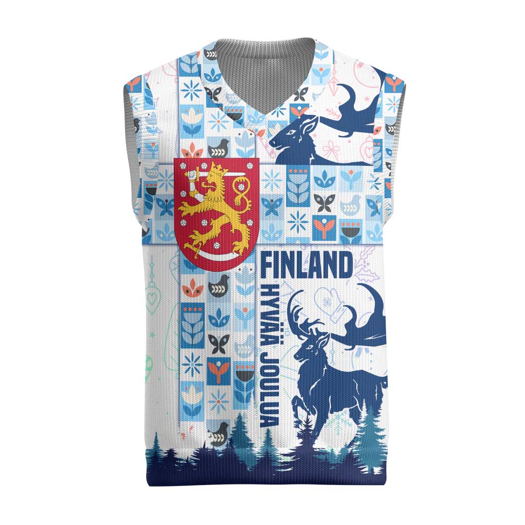 Finland Christmas Knitted V-Neck Vest with Reindeer Forest Crest and Nordic Pattern Design - Wonder Print Shop