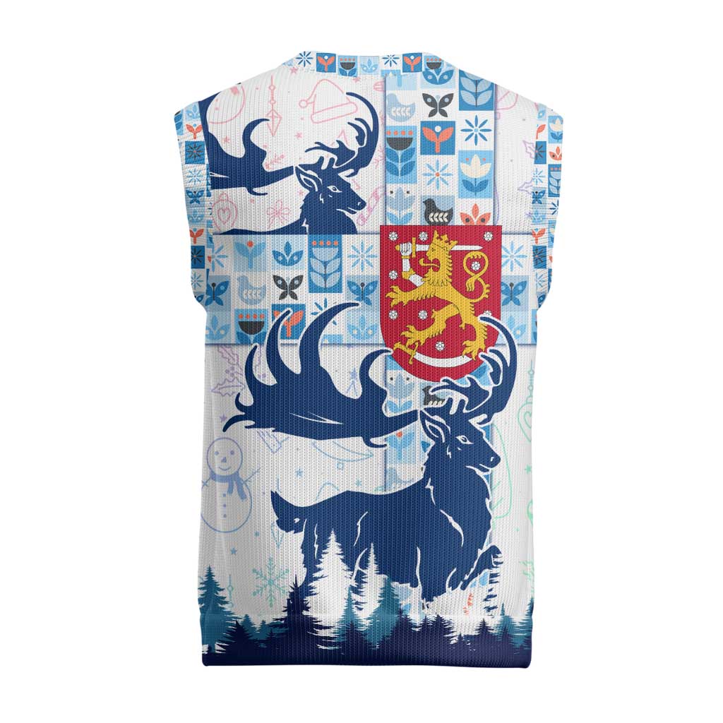 Finland Christmas Knitted V-Neck Vest with Reindeer Forest Crest and Nordic Pattern Design - Wonder Print Shop