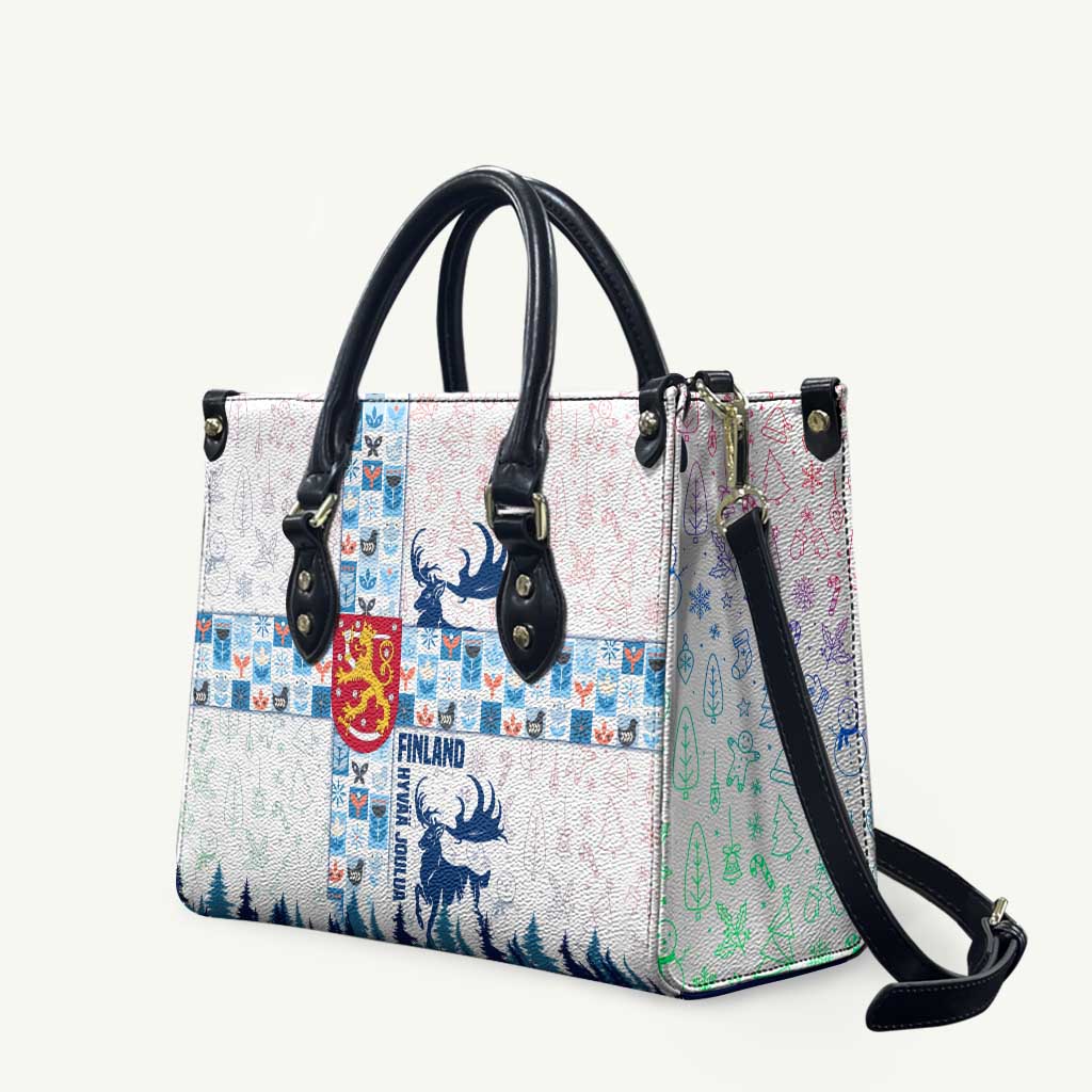 Finland Christmas Leather Bag with Reindeer Forest Crest and Nordic Pattern Design - Wonder Print Shop