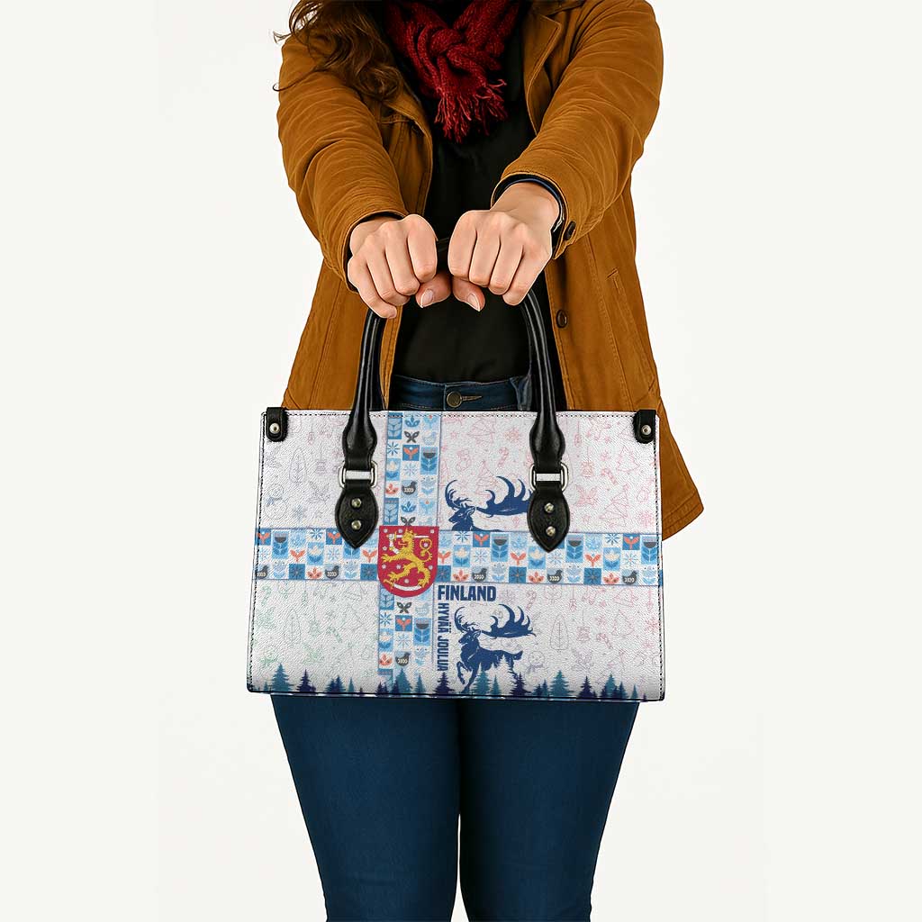 Finland Christmas Leather Bag with Reindeer Forest Crest and Nordic Pattern Design - Wonder Print Shop