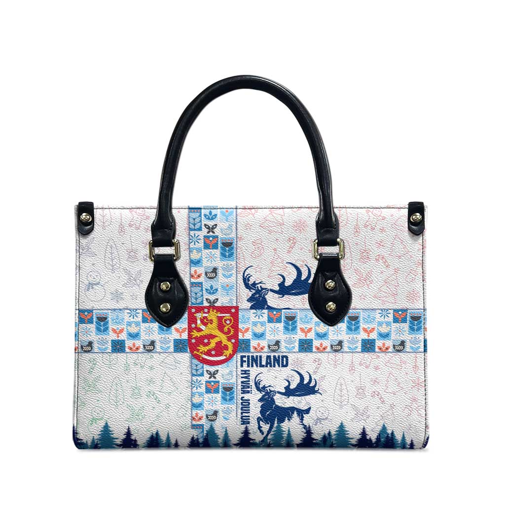 Finland Christmas Leather Bag with Reindeer Forest Crest and Nordic Pattern Design - Wonder Print Shop