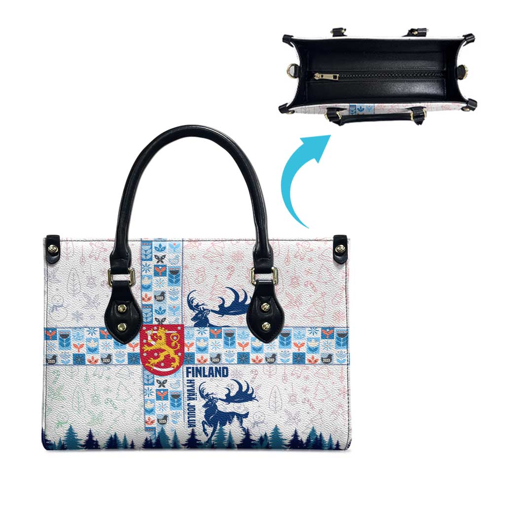 Finland Christmas Leather Bag with Reindeer Forest Crest and Nordic Pattern Design - Wonder Print Shop